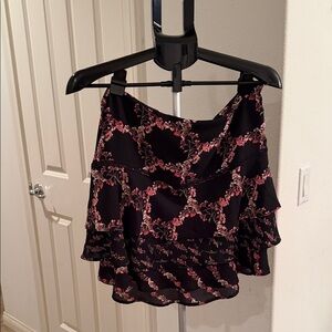 White House Black Market Black Floral Tiered Skirt with Pink Accents